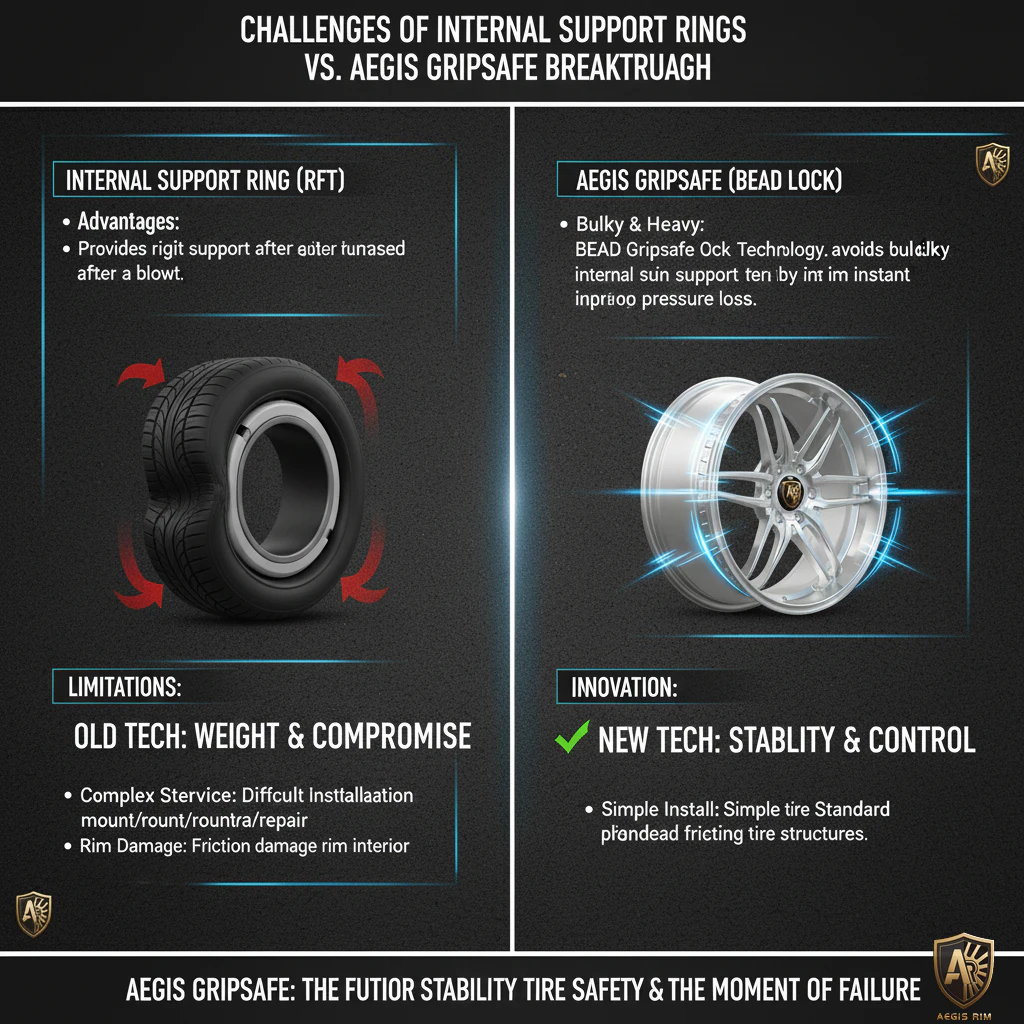 Innovation comparison showing old RFT technology limitations versus AEGIS GripSafe bead lock breakthrough advantages