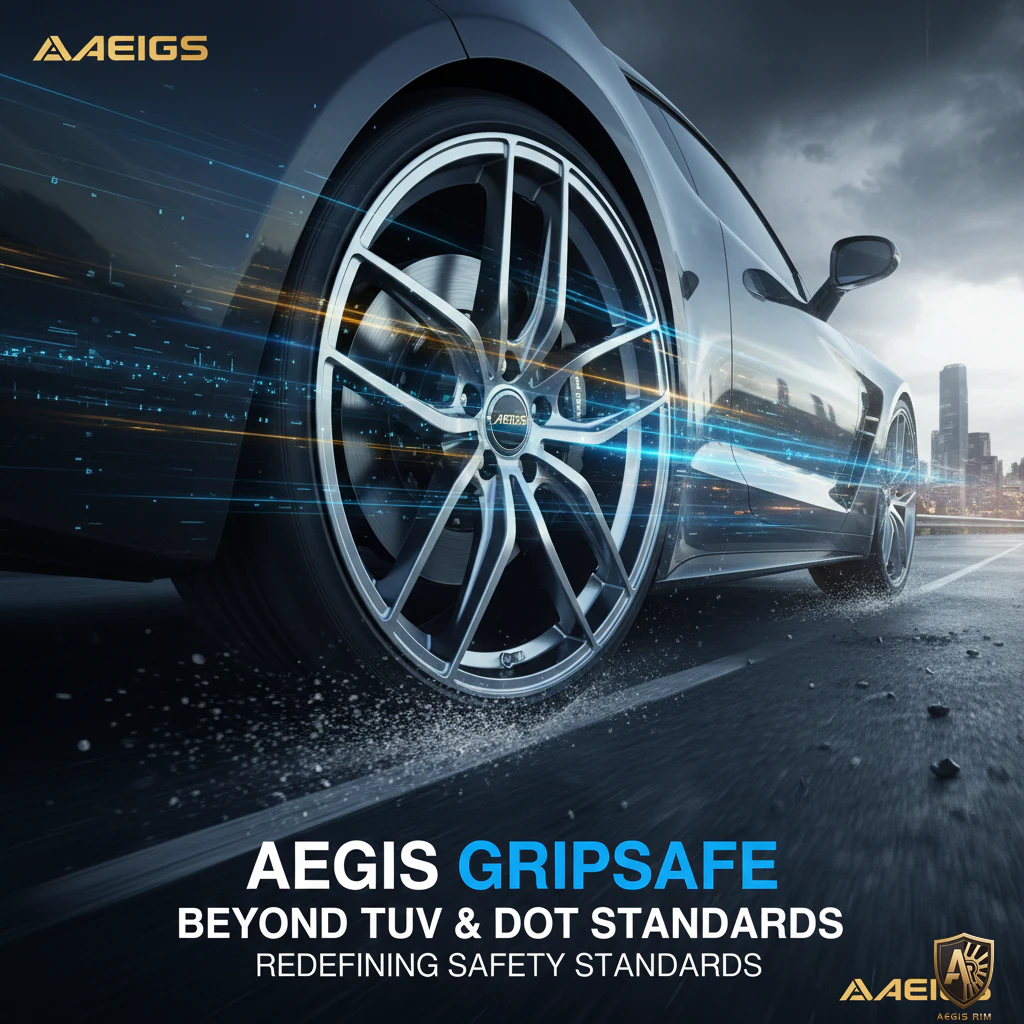High-performance sports car with AEGIS GripSafe wheel emphasizing safety standards beyond TÜV and DOT requirements
