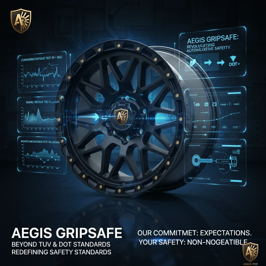 Close-up of rugged AEGIS GripSafe wheel with technical data charts promoting non-negotiable safety commitment