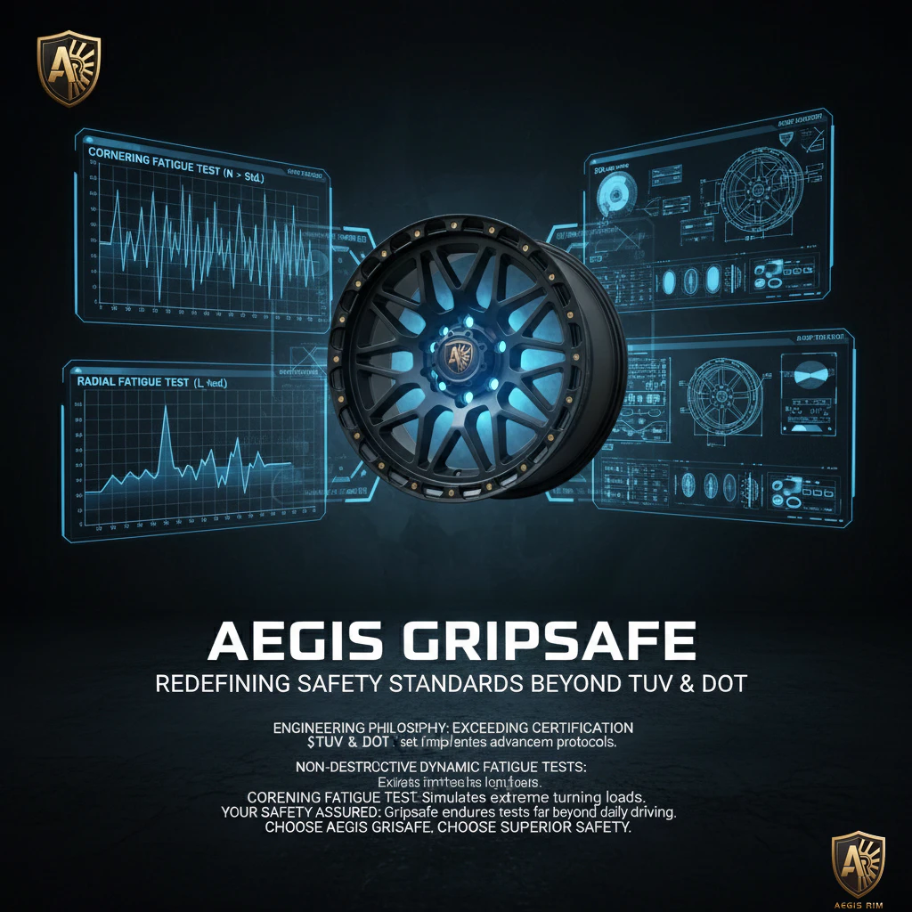 Infographic showing cornering and radial fatigue test data for AEGIS custom wheel exceeding TÜV and DOT standards