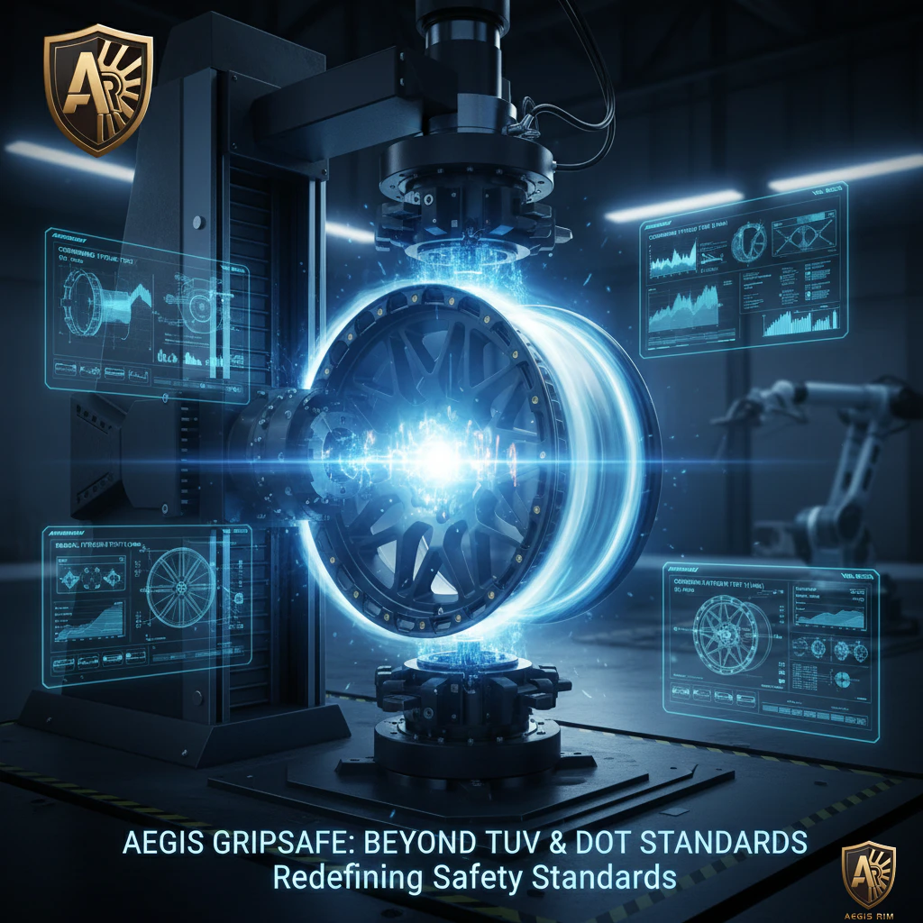 AEGIS wheel undergoing advanced dynamic fatigue testing in high-tech factory with holographic performance data displays
