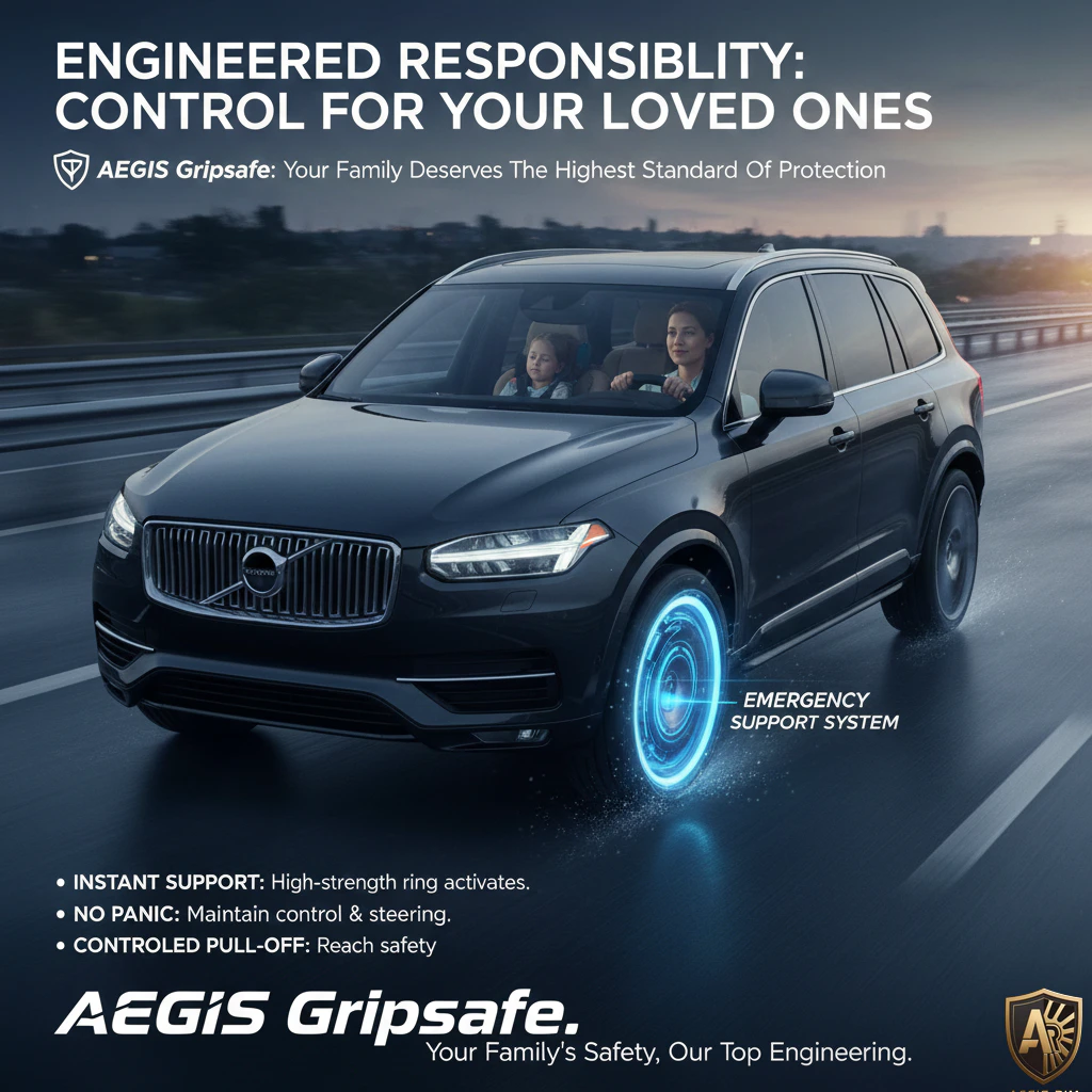 Volvo SUV on highway showcasing AEGIS Gripsafe tire technology for safety and control.