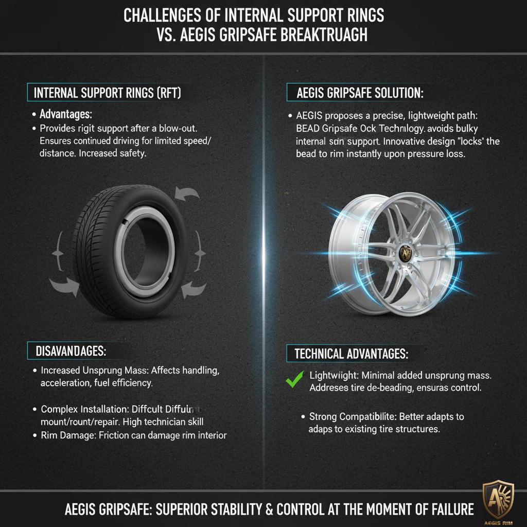 Comparison infographic showing RFT internal support ring disadvantages versus AEGIS GripSafe bead lock advantages