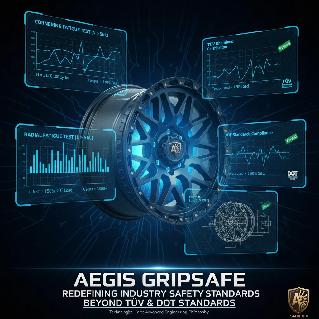 Detailed AEGIS GripSafe wheel render with data graphs showing cornering fatigue, radial fatigue, TÜV and DOT certification compliance