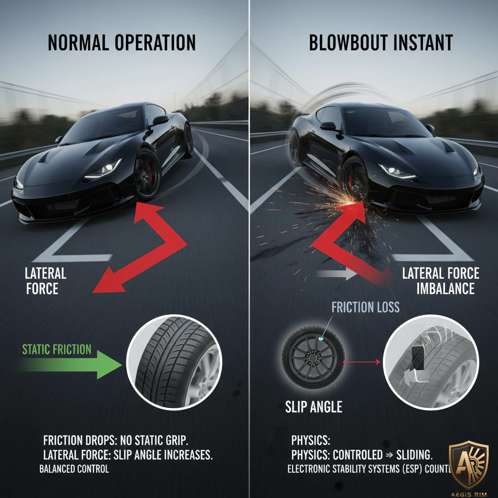 Diagram showing lateral force imbalance during a tire blowout and its effect on vehicle control