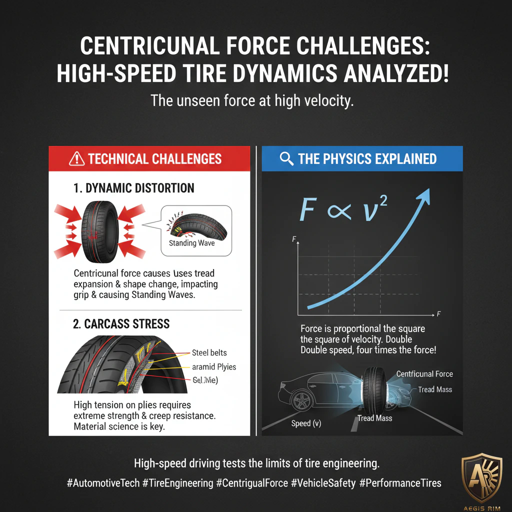 Diagram explaining centrifugal force physics acting on a rotating tire