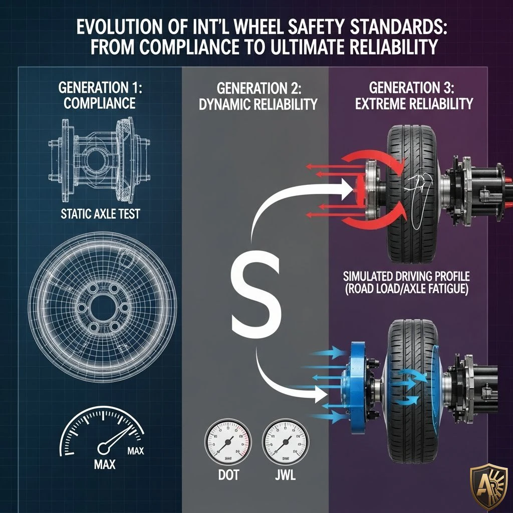 Infographic overview showing three generations of international wheel safety standards evolution from static testing to extreme reliability