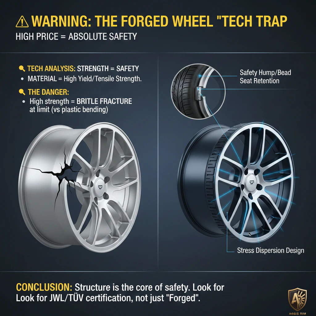 Infographic comparing forged wheel with brittle fracture versus properly designed wheel with safety hump and stress dispersion