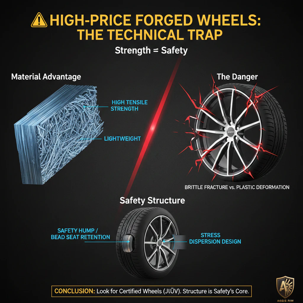 Technical analysis diagram showing the trap of high-price forged wheels: material advantage versus brittle fracture danger