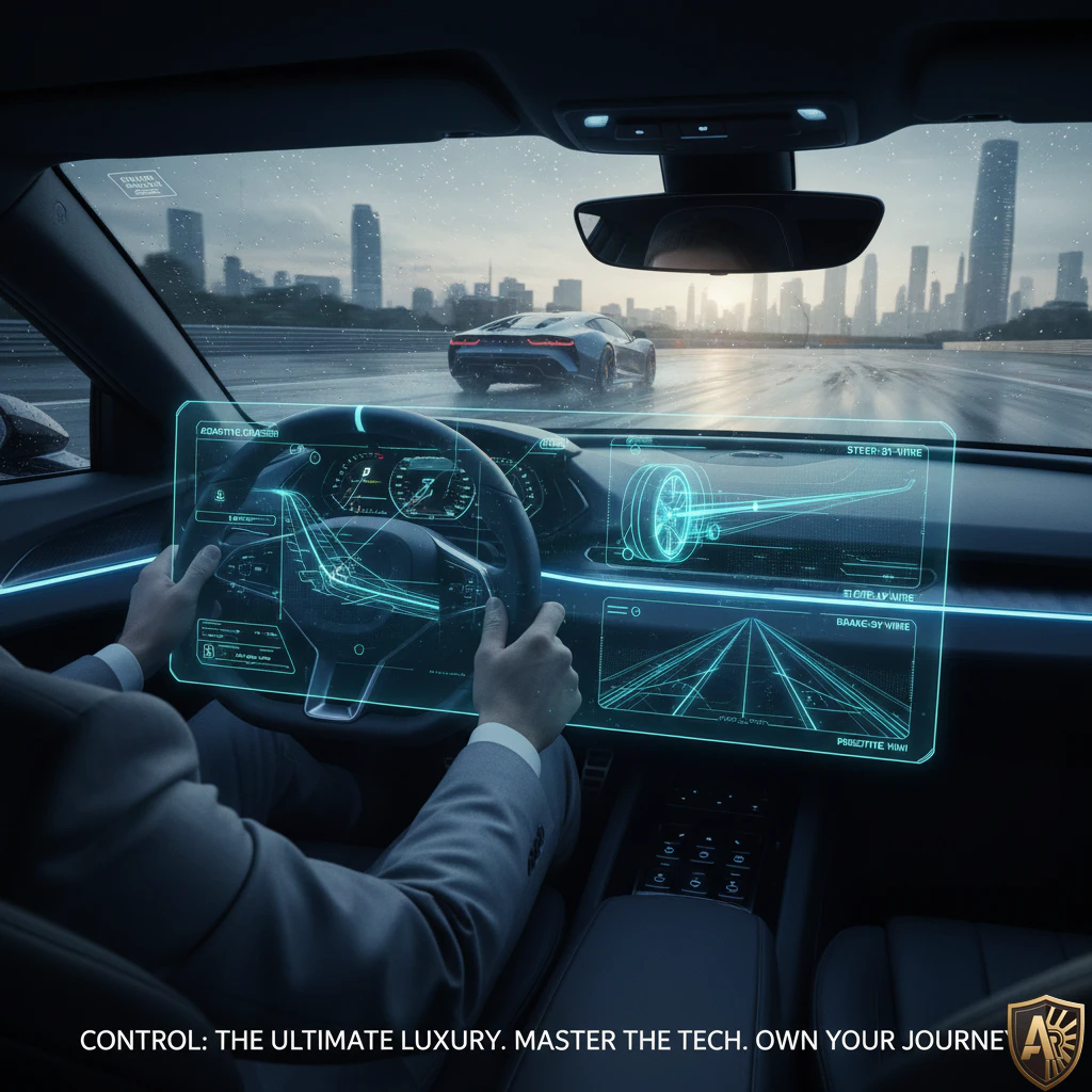 Futuristic car dashboard with digital interface, driver controlling tech on wet city road, emphasizing luxury and innovation.