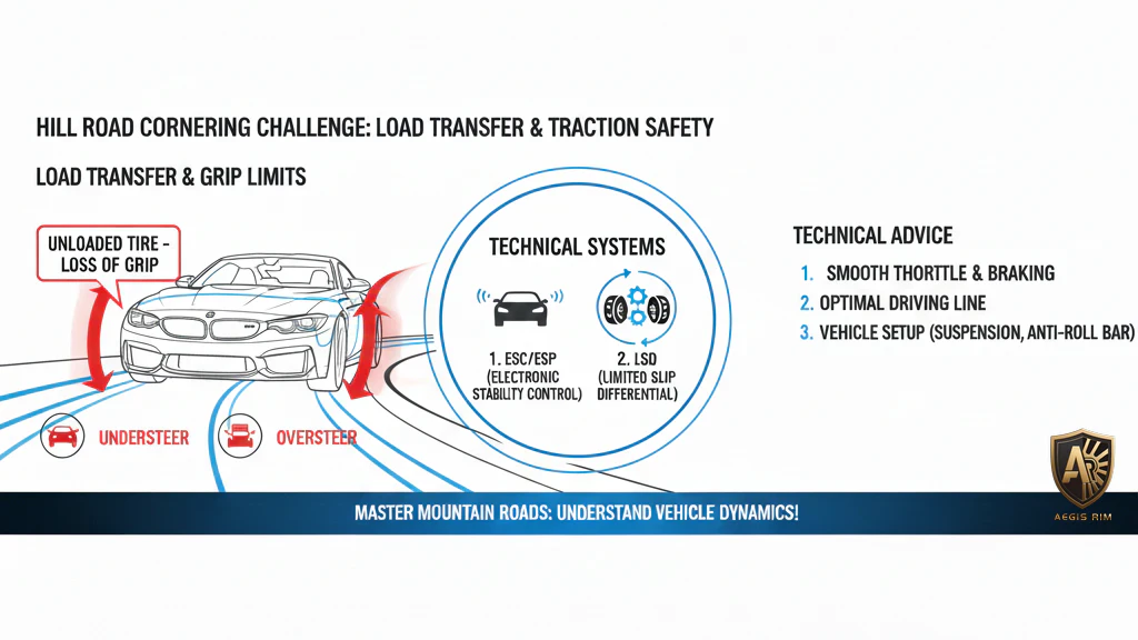 Sports car cornering on mountain road demonstrating load transfer, unloaded tire grip loss, and understeer/oversteer dynamics