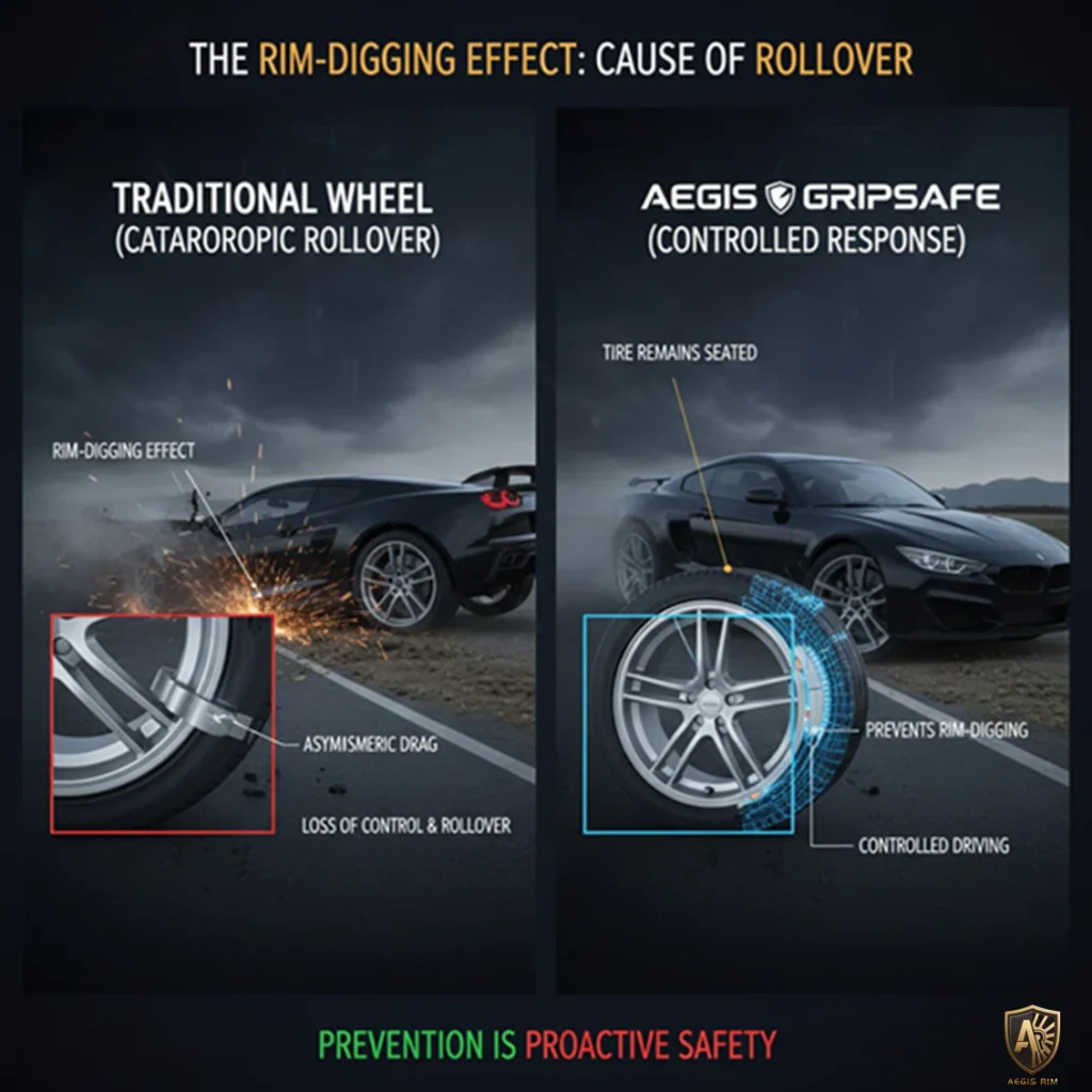 A comparative image illustrating the rim-digging effect in a traditional wheel during a blowout leading to loss of control, and how AEGIS Gripsafe prevents rim-road contact, enabling controlled driving.