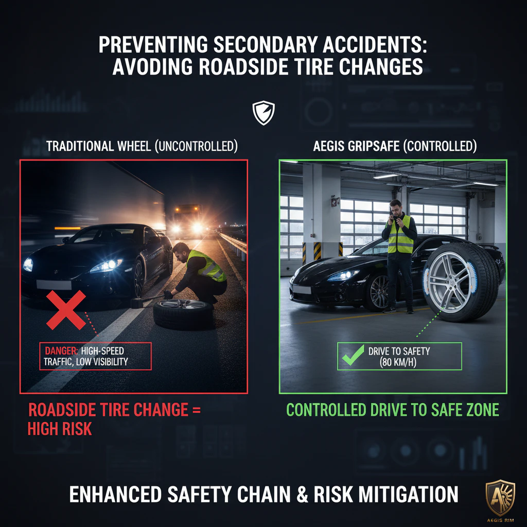 Comparison between dangerous roadside tire change and GripSafe controlled driving after a blowout