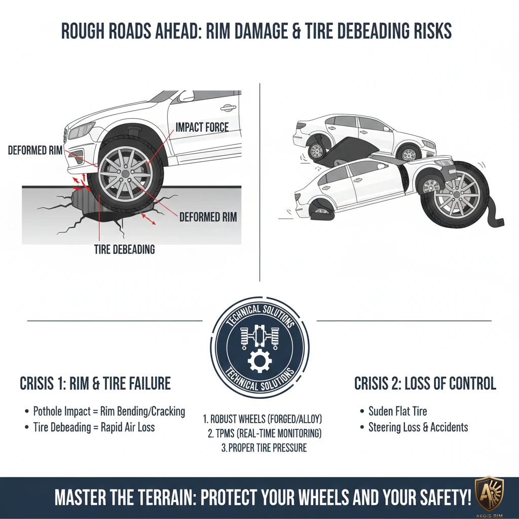 Technical diagram showing pothole impact forces on wheel rim and tire bead