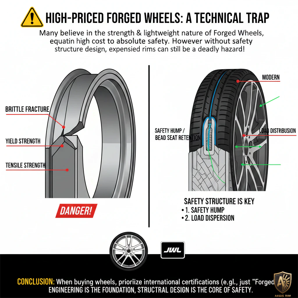 Detailed wheel cross-section diagram showing brittle fracture danger zone versus critical safety hump and bead seat retention structure