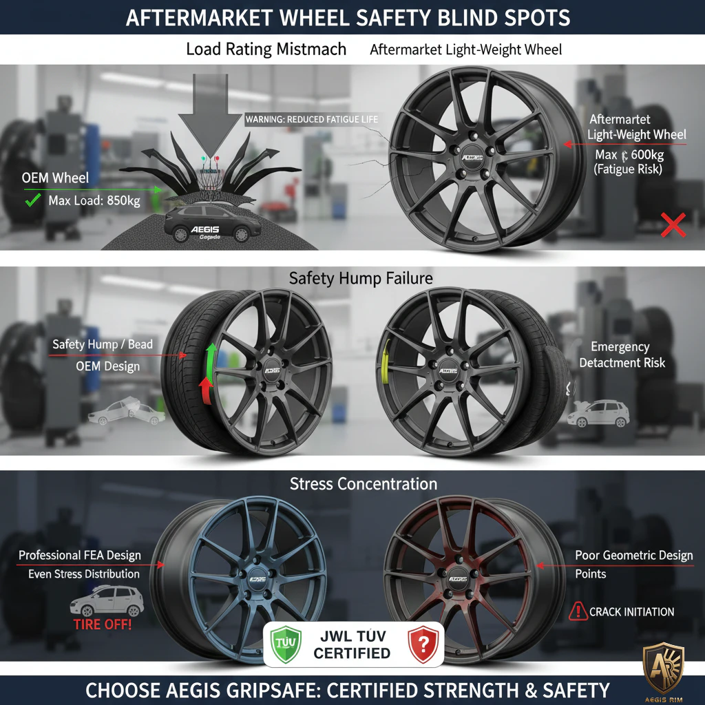 Technical diagram showing wheel safety inspection points including fatigue risk zones and detachment failure areas