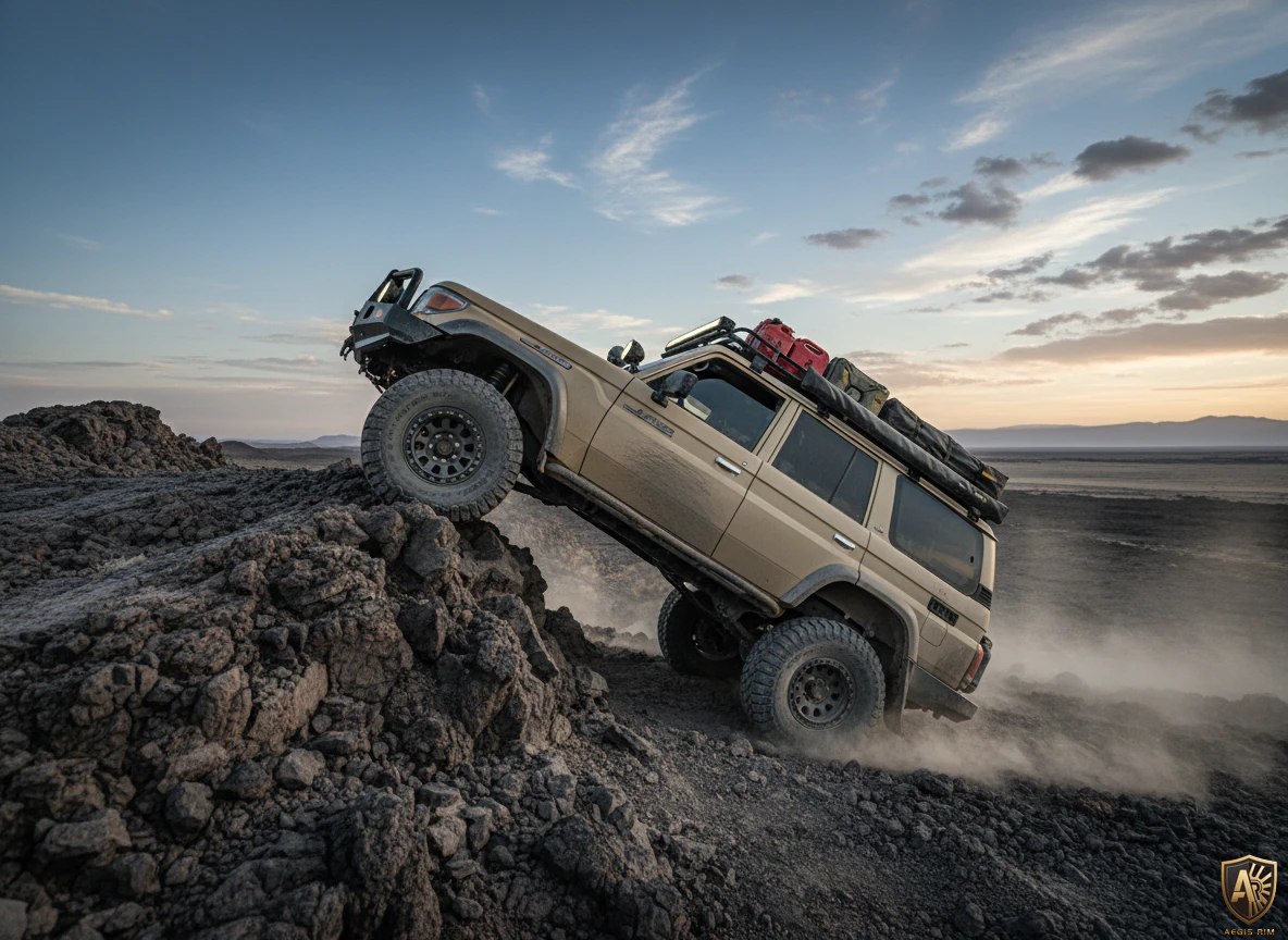 Extreme rock crawling conditions showing rims taking direct impact from rocks and debris