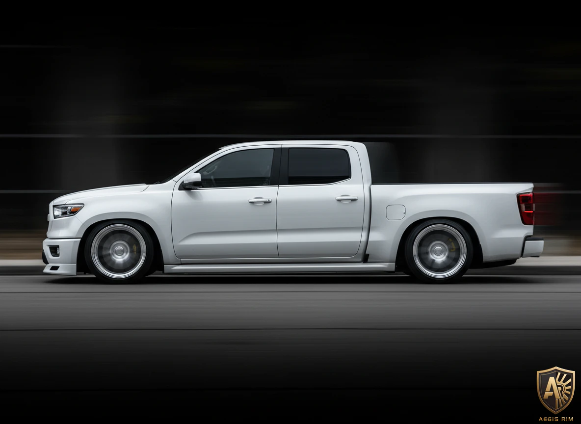 European-inspired lowered truck with refined tucked wheel fitment and sophisticated stance geometry