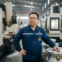 Man in a factory setting with metal wheels, standing confidently in a blue uniform, surrounded by machinery.