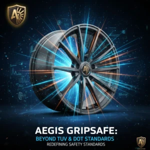 High-tech visual of an AEGIS wheel with emanating blue and orange light beams, illustrating advanced technology and the message: "AEGIS Gripsafe: Beyond TUV & DOT Standards, Redefining Safety Standards."